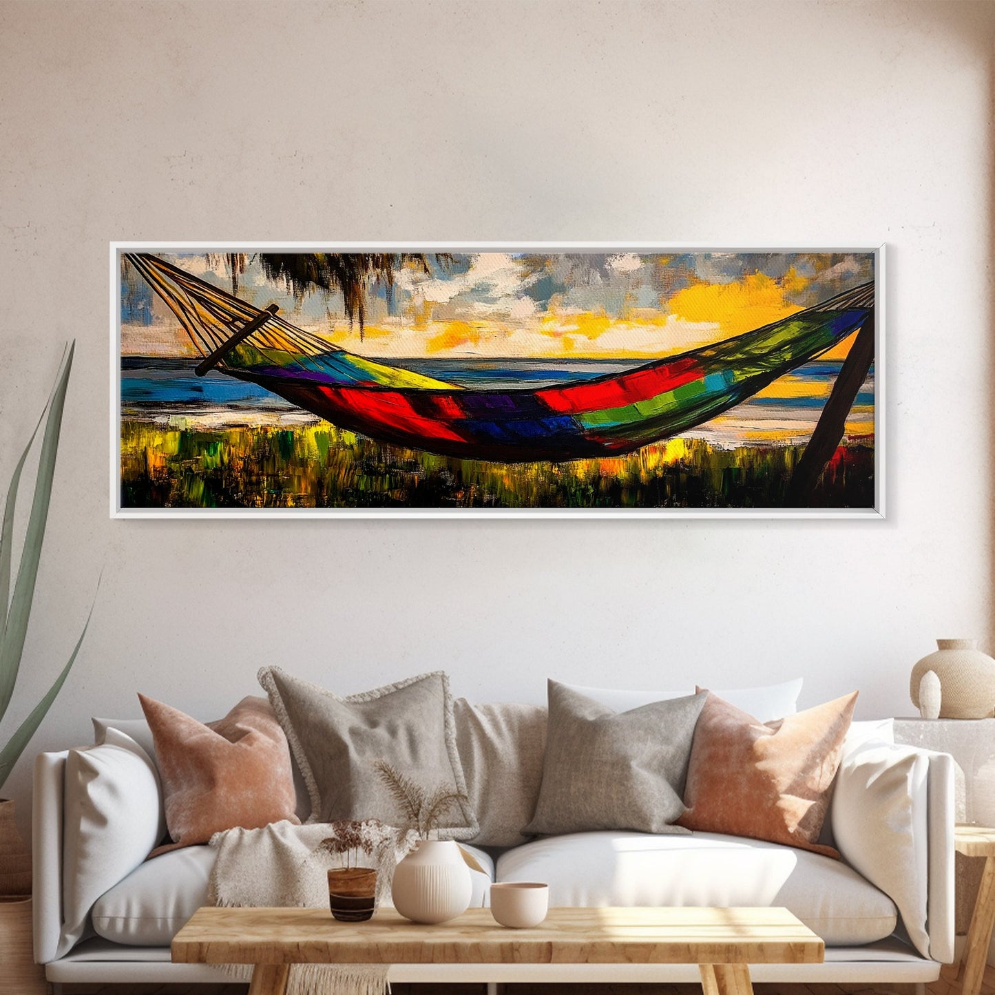 Hammock by the Beach, Tropical Sunset Painting, Relaxing Seaside Artwork, Vibrant Summer Wall Decor, Coastal Retreat, Canvas Print