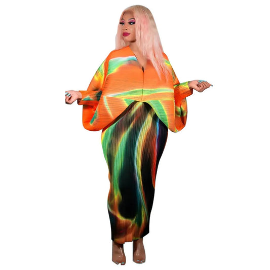 Hot Selling V-neck Bat Sleeve Printed Pleated Dress Stretch Fabric Dresses