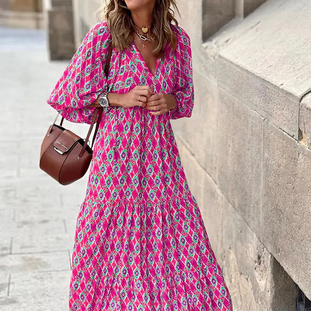Women's Boho Floral Maxi Dress with Drawstring V Neck
