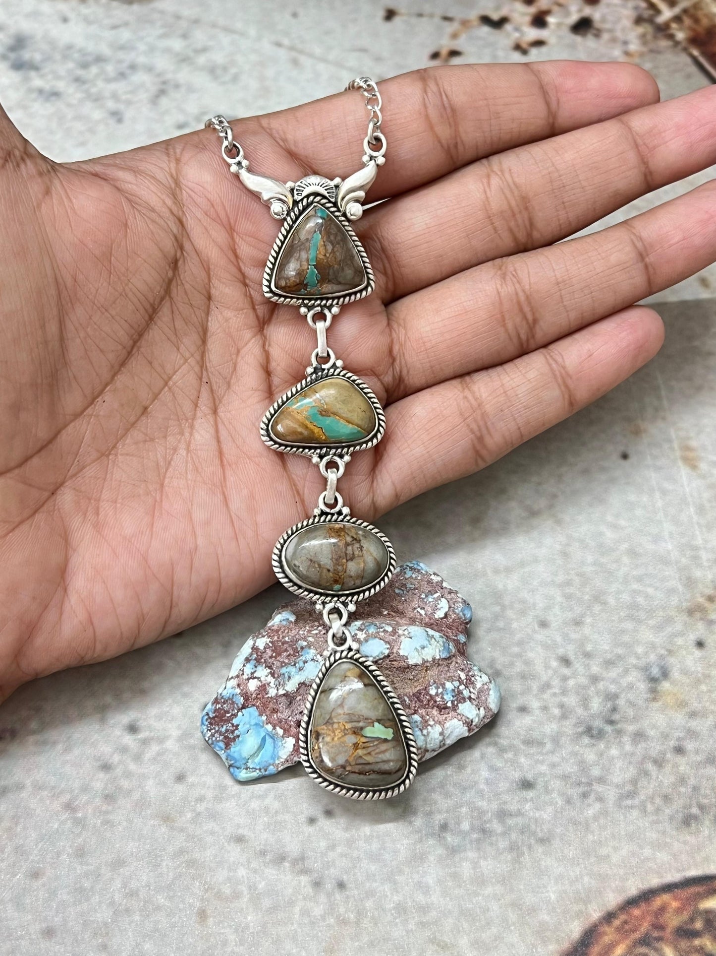 Handmade Sterling Silver Royston Ribbon Turquoise Necklace with Signed Nizhoni