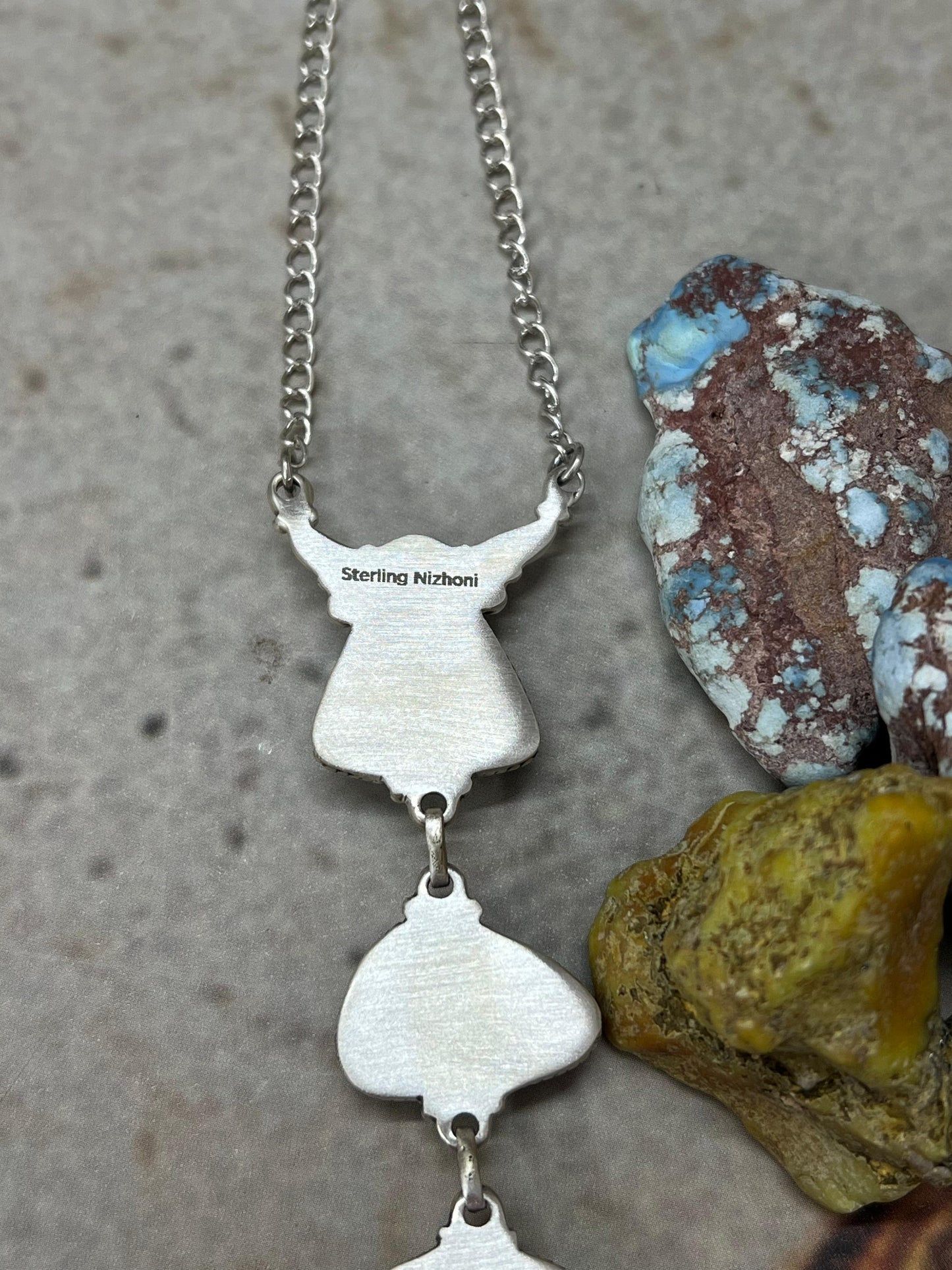 Handmade Sterling Silver Royston Ribbon Turquoise Necklace with Signed Nizhoni