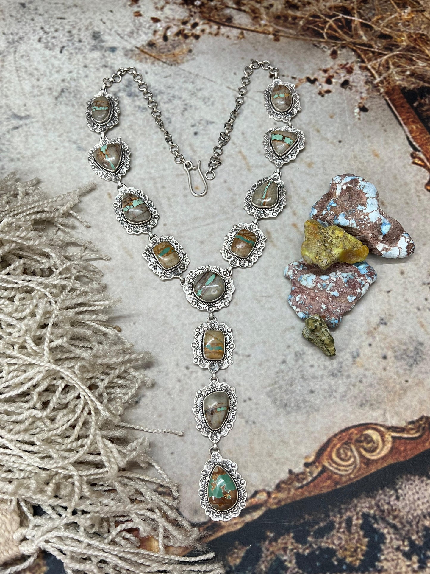 Handmade Sterling Silver Royston Ribbon Turquoise Necklace with Signed Nizhoni