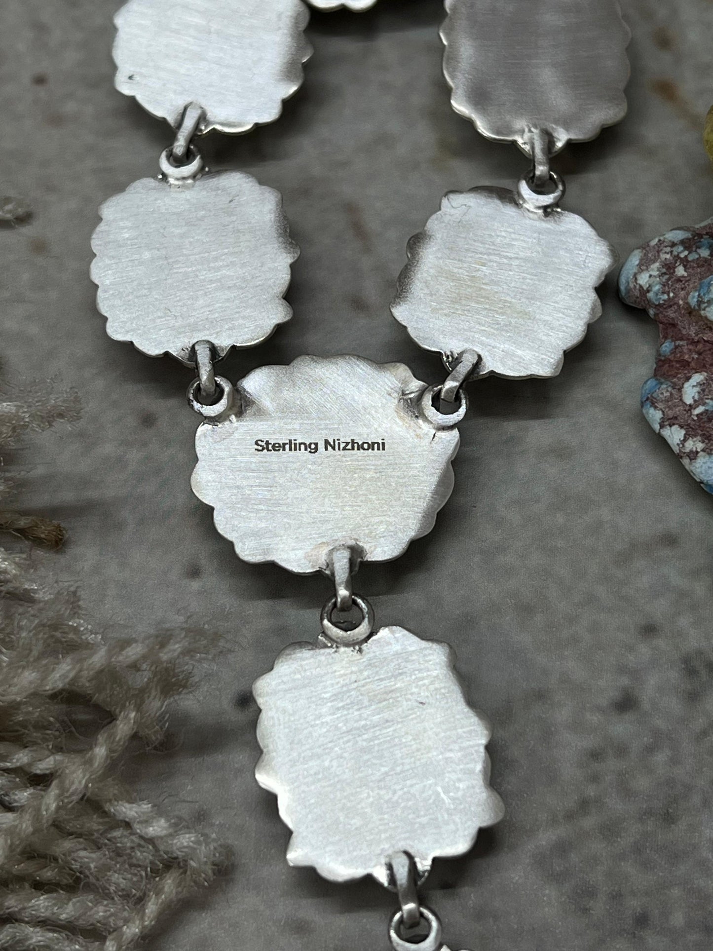 Handmade Sterling Silver Royston Ribbon Turquoise Necklace with Signed Nizhoni