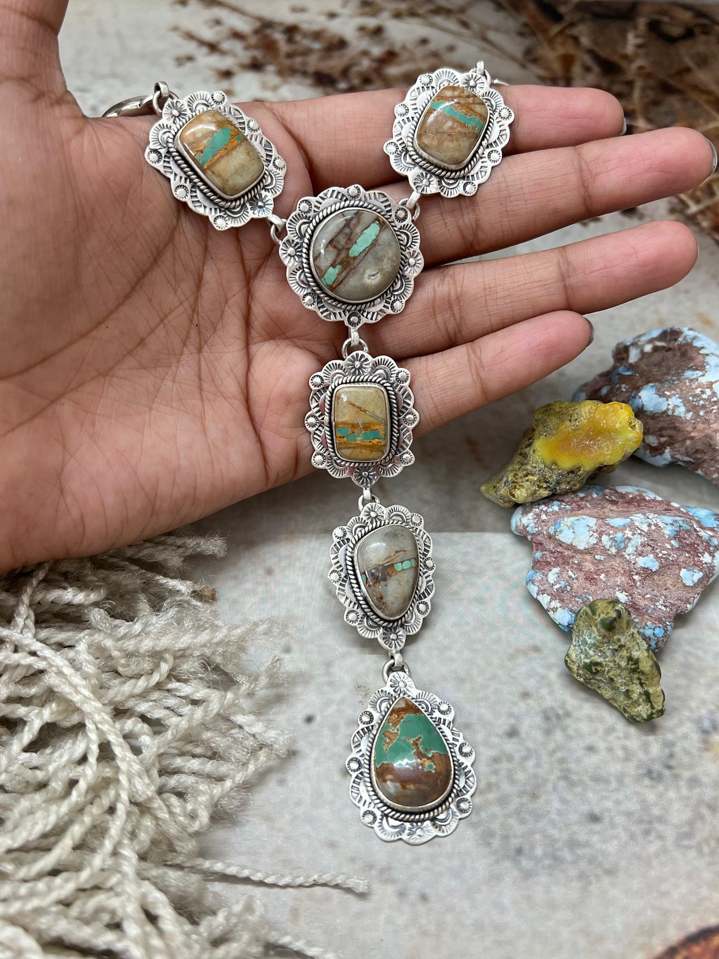 Handmade Sterling Silver Royston Ribbon Turquoise Necklace with Signed Nizhoni