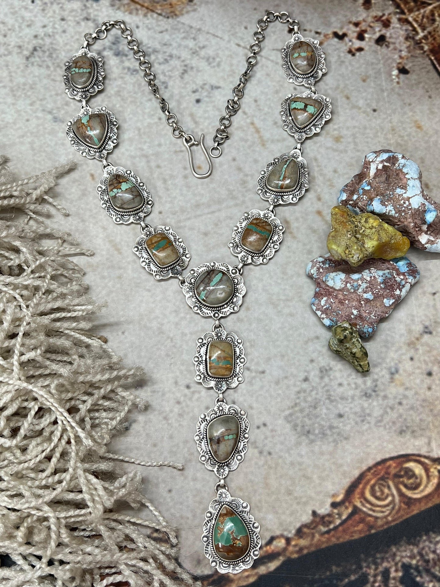 Handmade Sterling Silver Royston Ribbon Turquoise Necklace with Signed Nizhoni