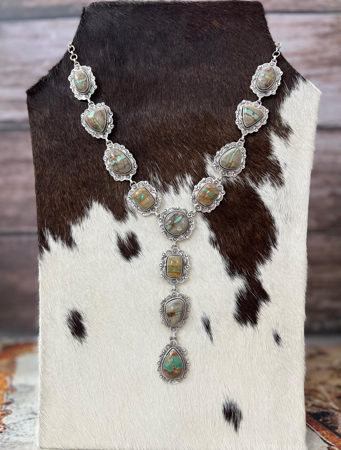 Handmade Sterling Silver Royston Ribbon Turquoise Necklace with Signed Nizhoni