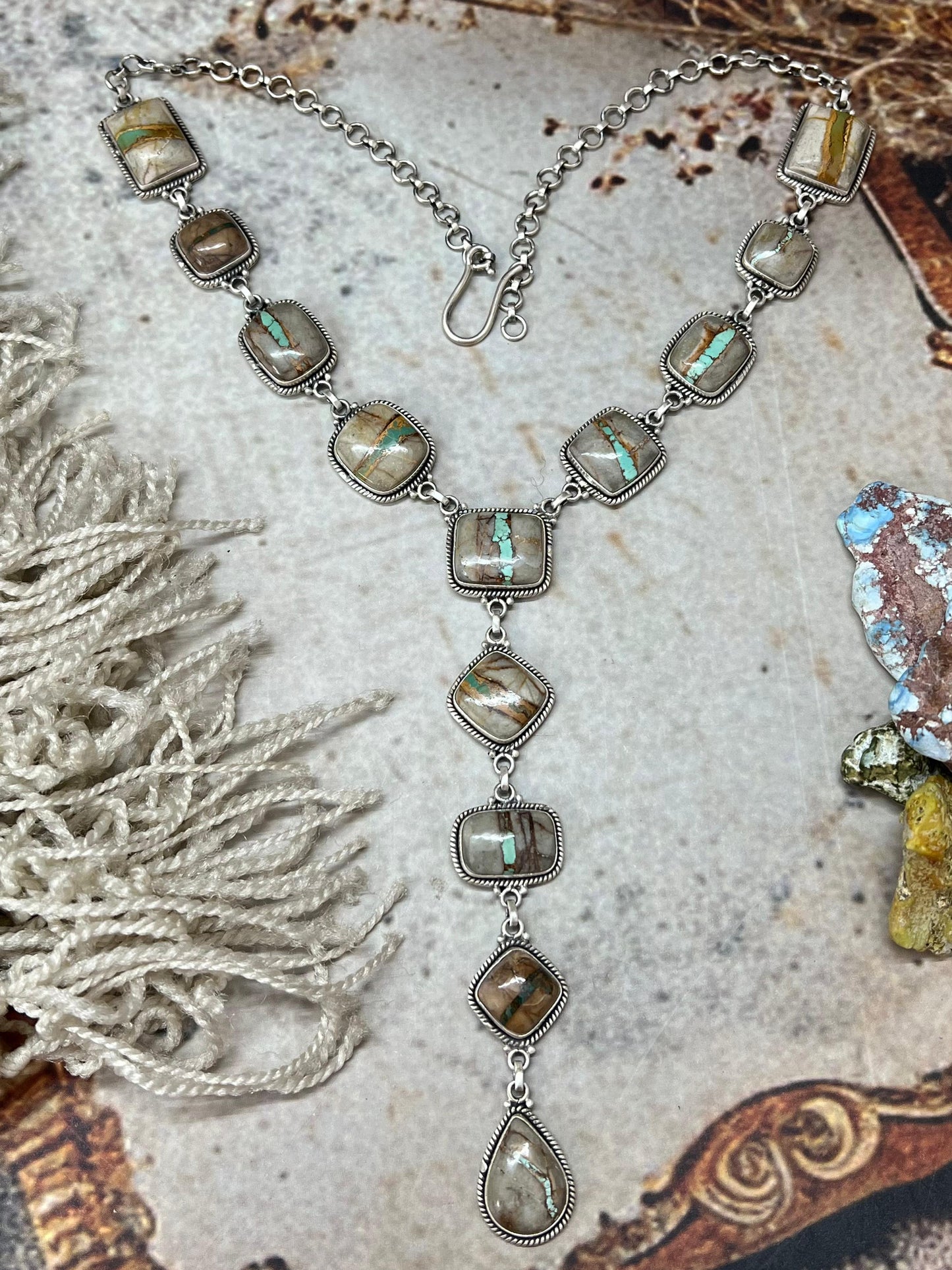 Handmade Sterling Silver Royston Ribbon Turquoise Necklace with Signed Nizhoni