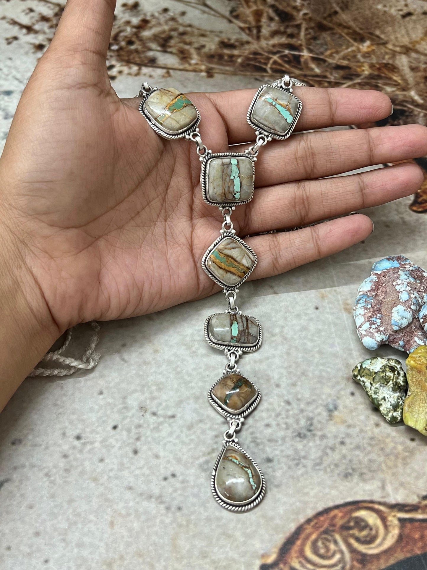 Handmade Sterling Silver Royston Ribbon Turquoise Necklace with Signed Nizhoni