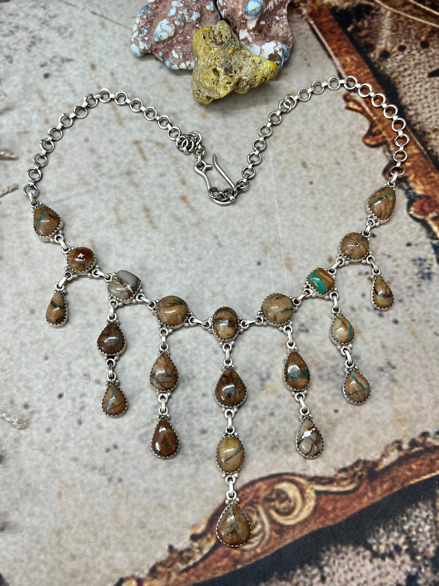 Handmade Sterling Silver Royston Ribbon Turquoise Necklace with Signed Nizhoni