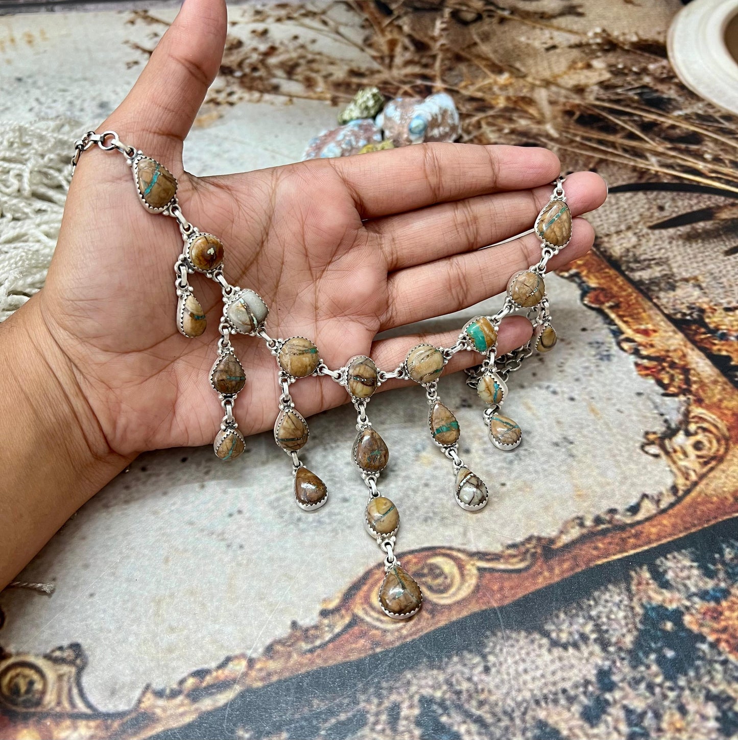 Handmade Sterling Silver Royston Ribbon Turquoise Necklace with Signed Nizhoni