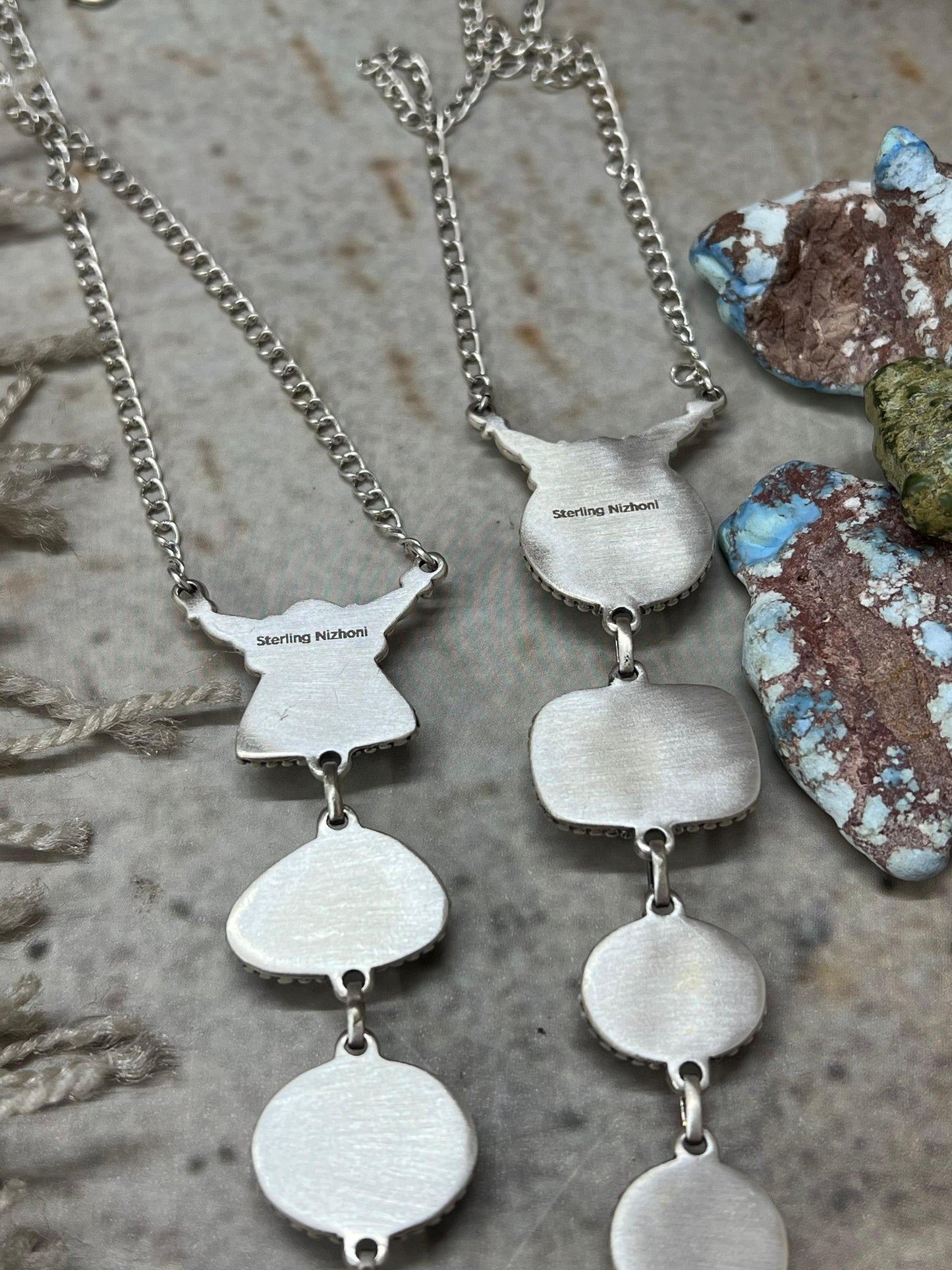 Handmade Sterling Silver Royston Ribbon Turquoise Necklace with Signed Nizhoni