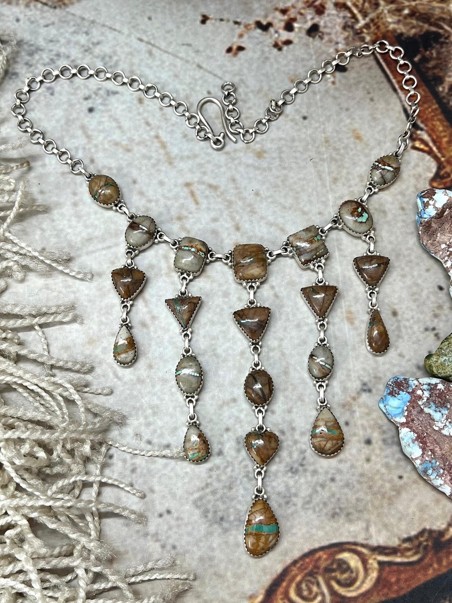 Handmade Sterling Silver Royston Ribbon Turquoise Necklace with Signed Nizhoni