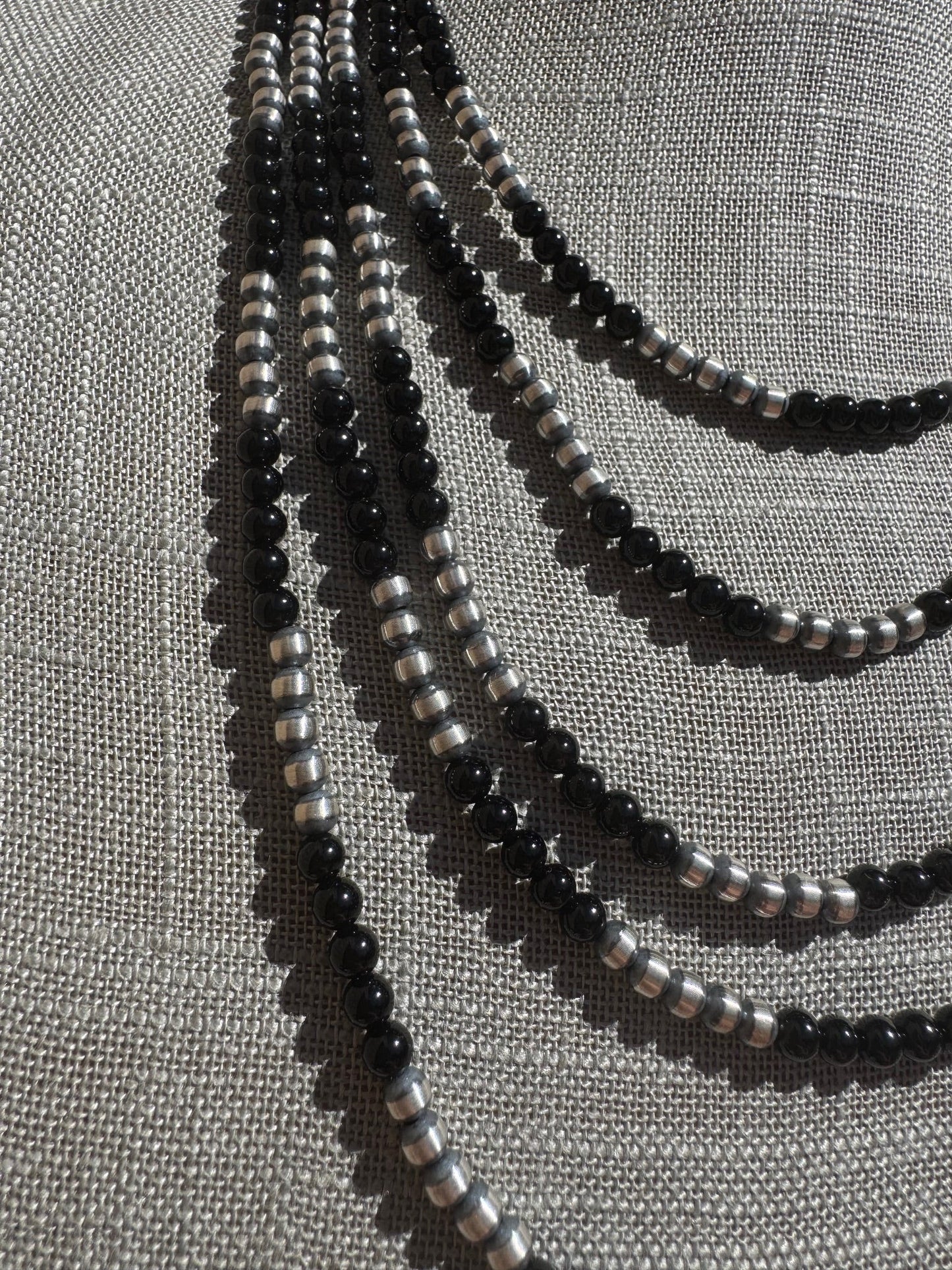 Handcrafted Pearl Sterling Silver & Black Onyx Beaded 4mm Necklace