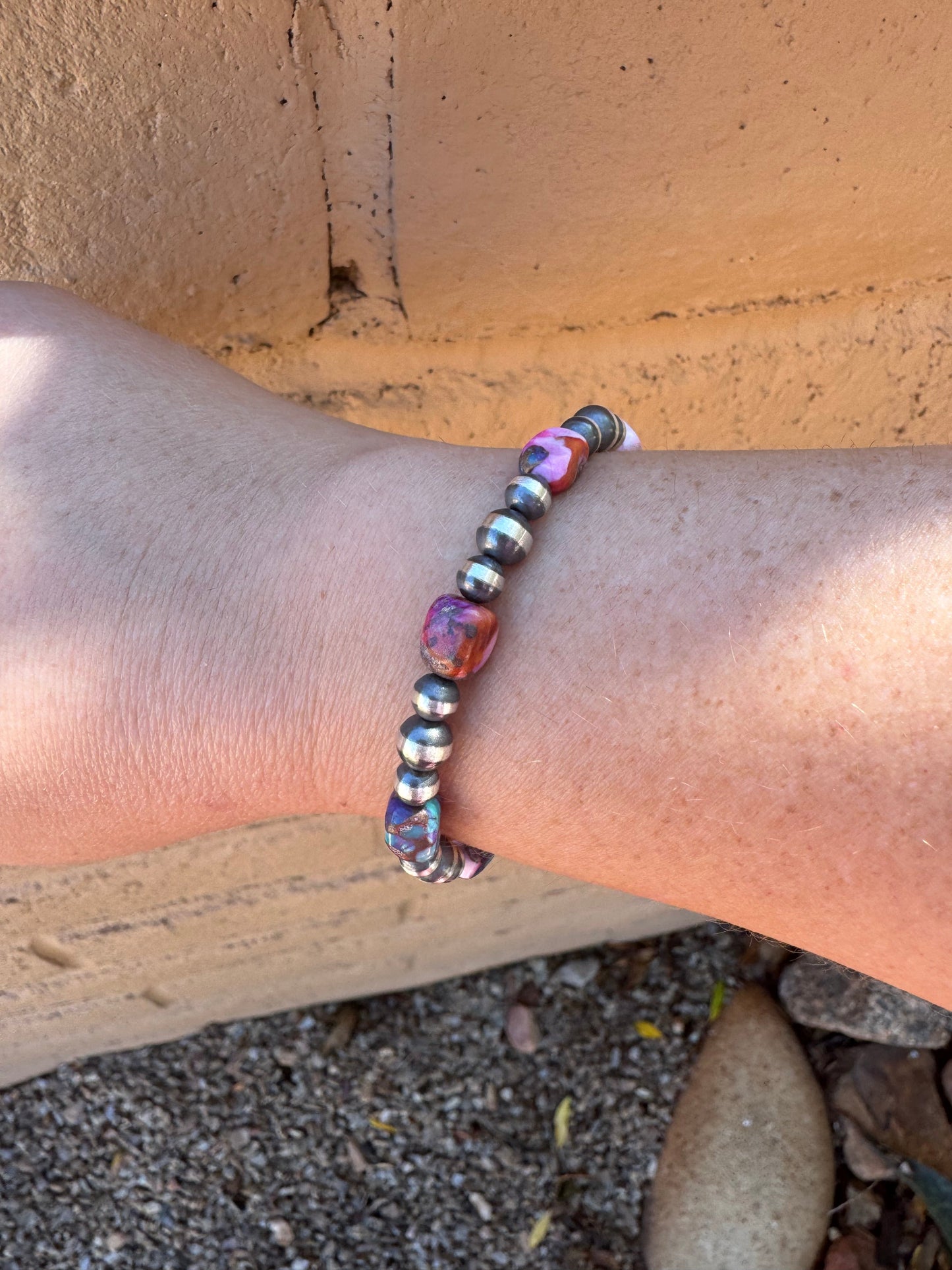 Handcrafted Pearl Style Sterling Silver & Pink Dream Beaded Bracelet 7 inches