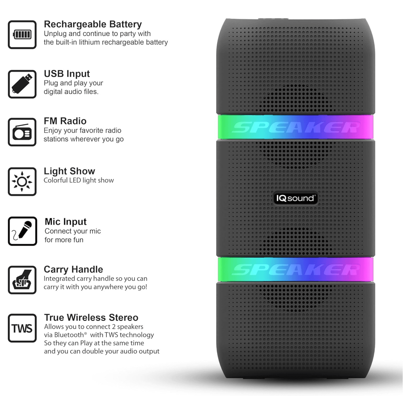 IQ Sound 2 x 4-Inch Portable Bluetooth TWS LED Speaker