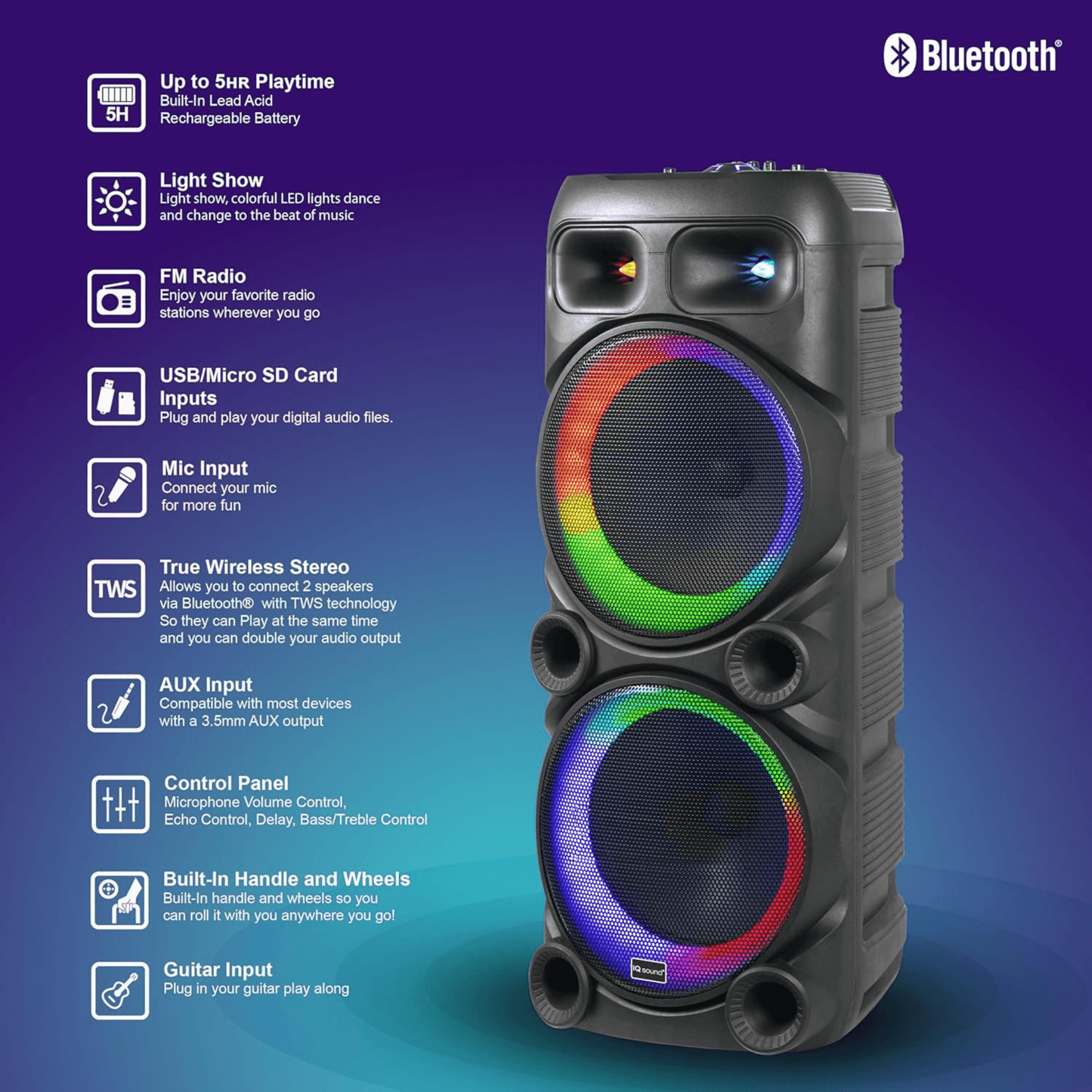IQ Sound 2x12-Inch Portable Bluetooth Party Speaker