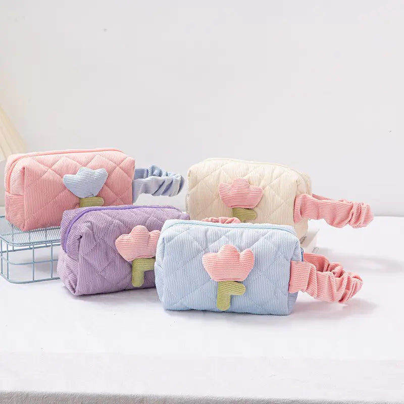 Set for Travel Corduroy Flower Makeup Bag and Beauty