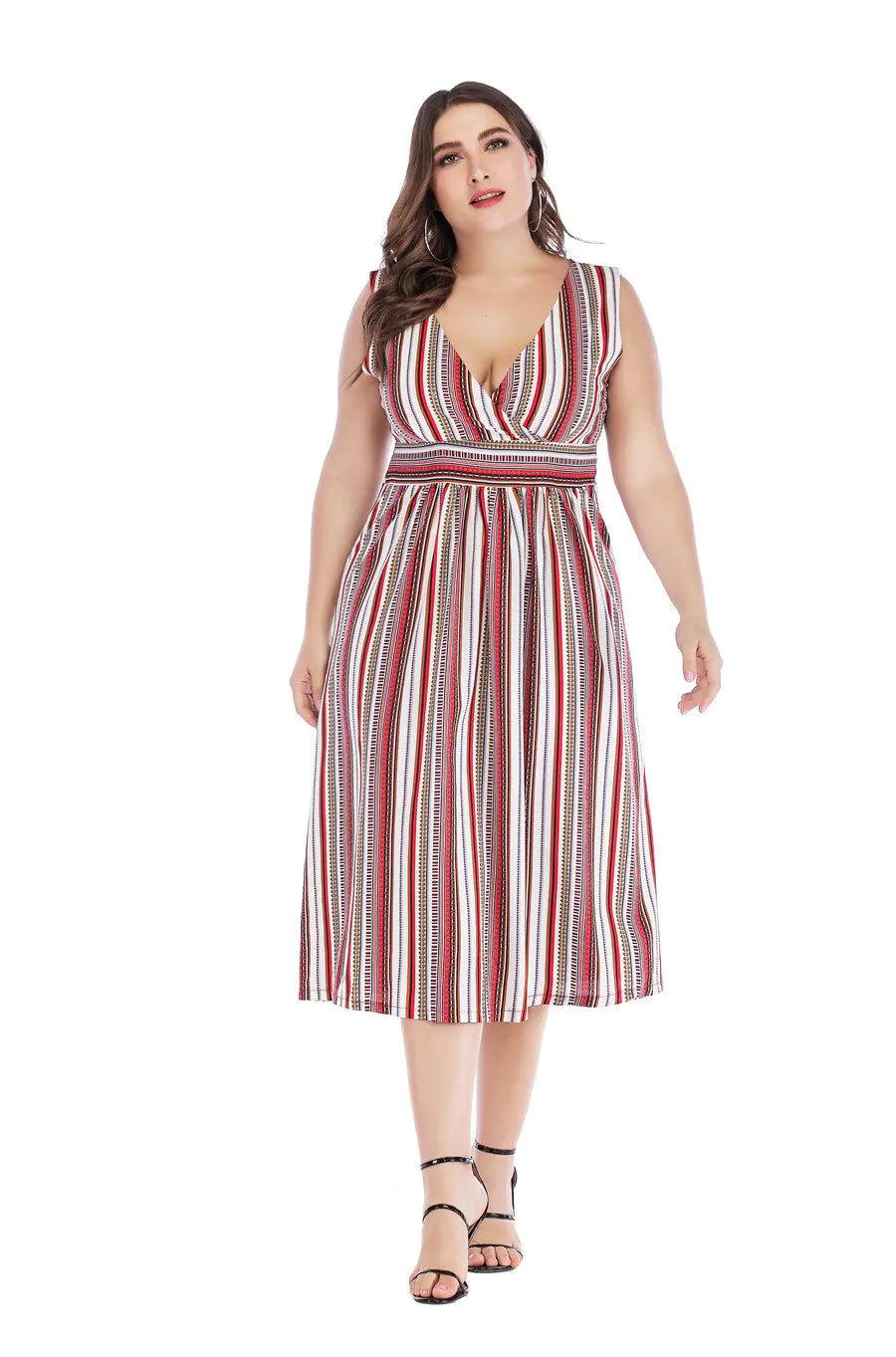 Plus Size Women's V-neck Striped Sleeveless Dress