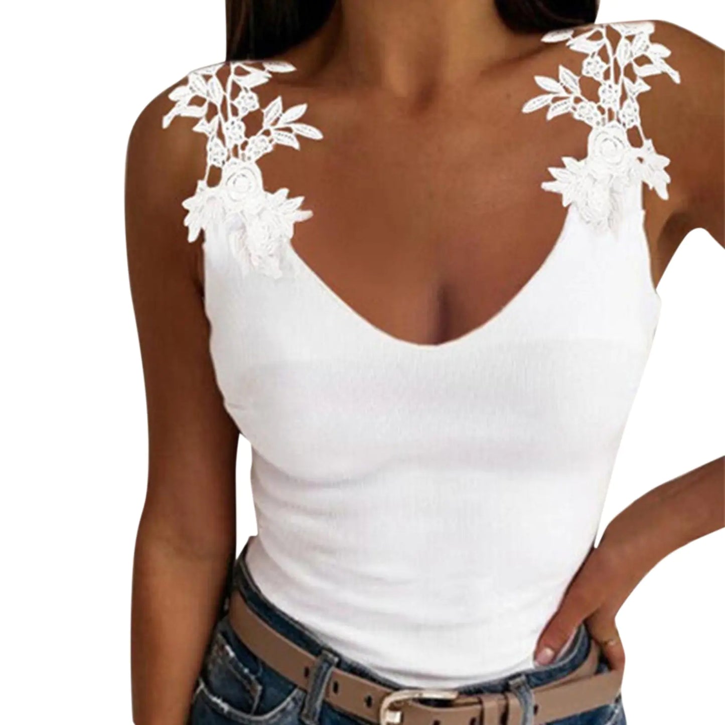 Lace Petal Tank Top  V-Neck Casual T-Shirt