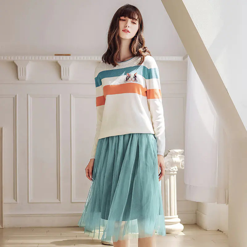 Cartoon Striped Knit Top - Women's Basic Style