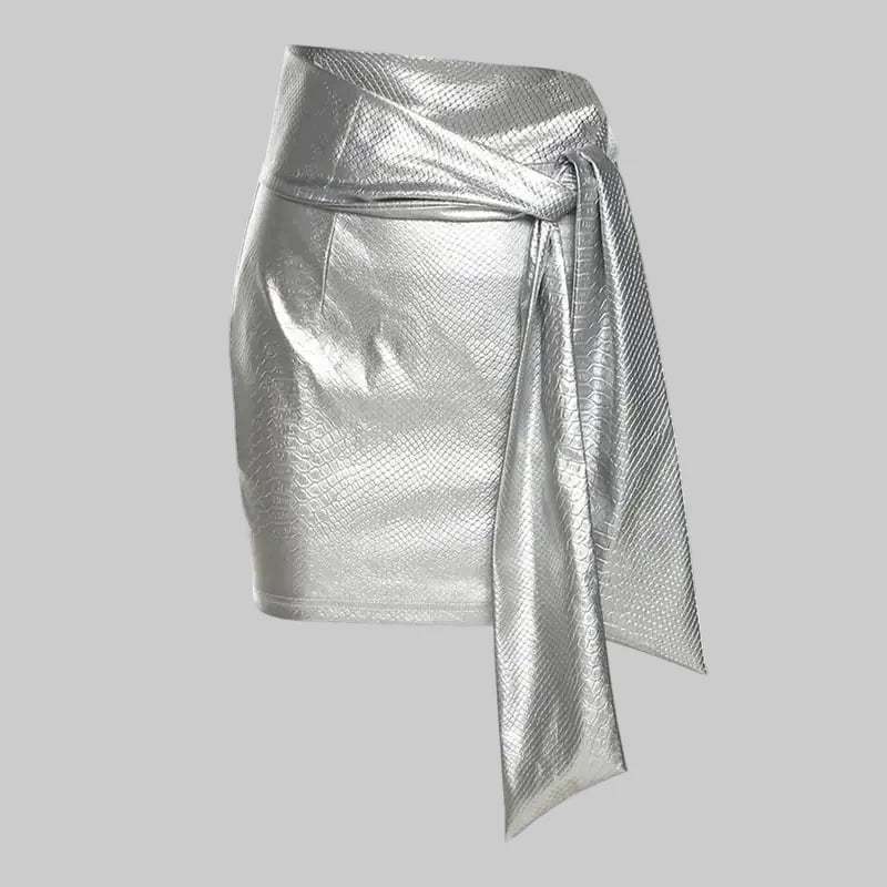 Silver PU Faux Leather Snake Print Lace-Up Skirt