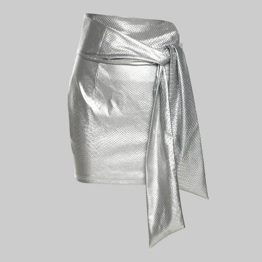 Silver PU Faux Leather Snake Print Lace-Up Skirt