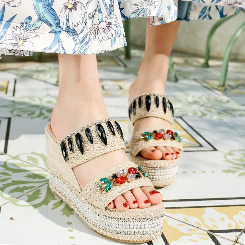 Diamond Platform Wedge Heel Sandals and Slippers