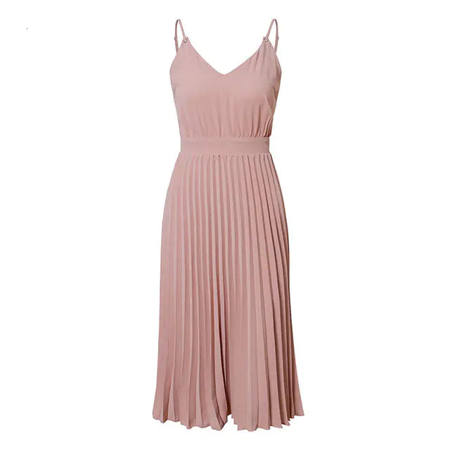 Vintage Summer Strap Pleated V-Neck Midi Dress