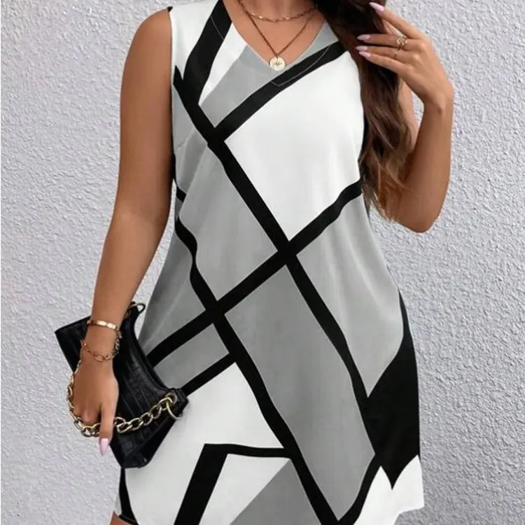 Geometric Print Fashion V-Neck Sleeveless Dress