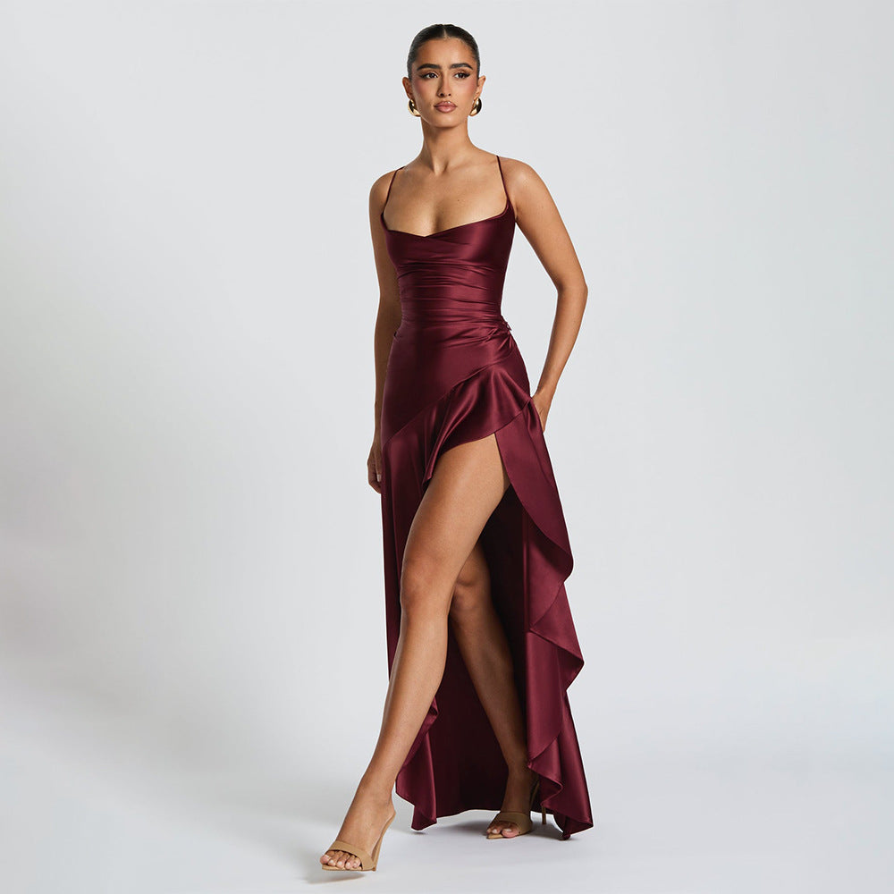 elegant satin long skirt personality suspender ruffle high slit dress club clothing