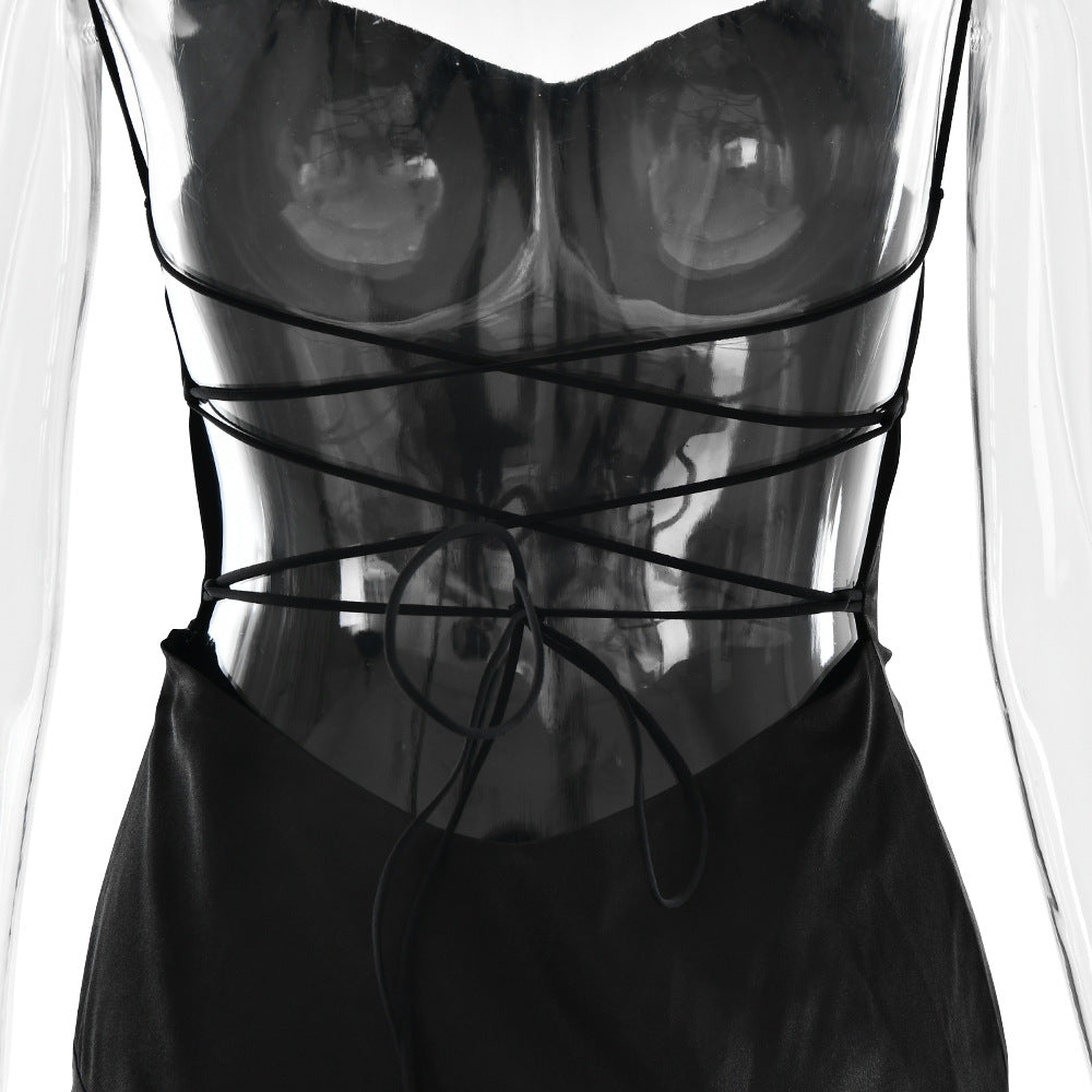 elegant satin long skirt personality suspender ruffle high slit dress club clothing