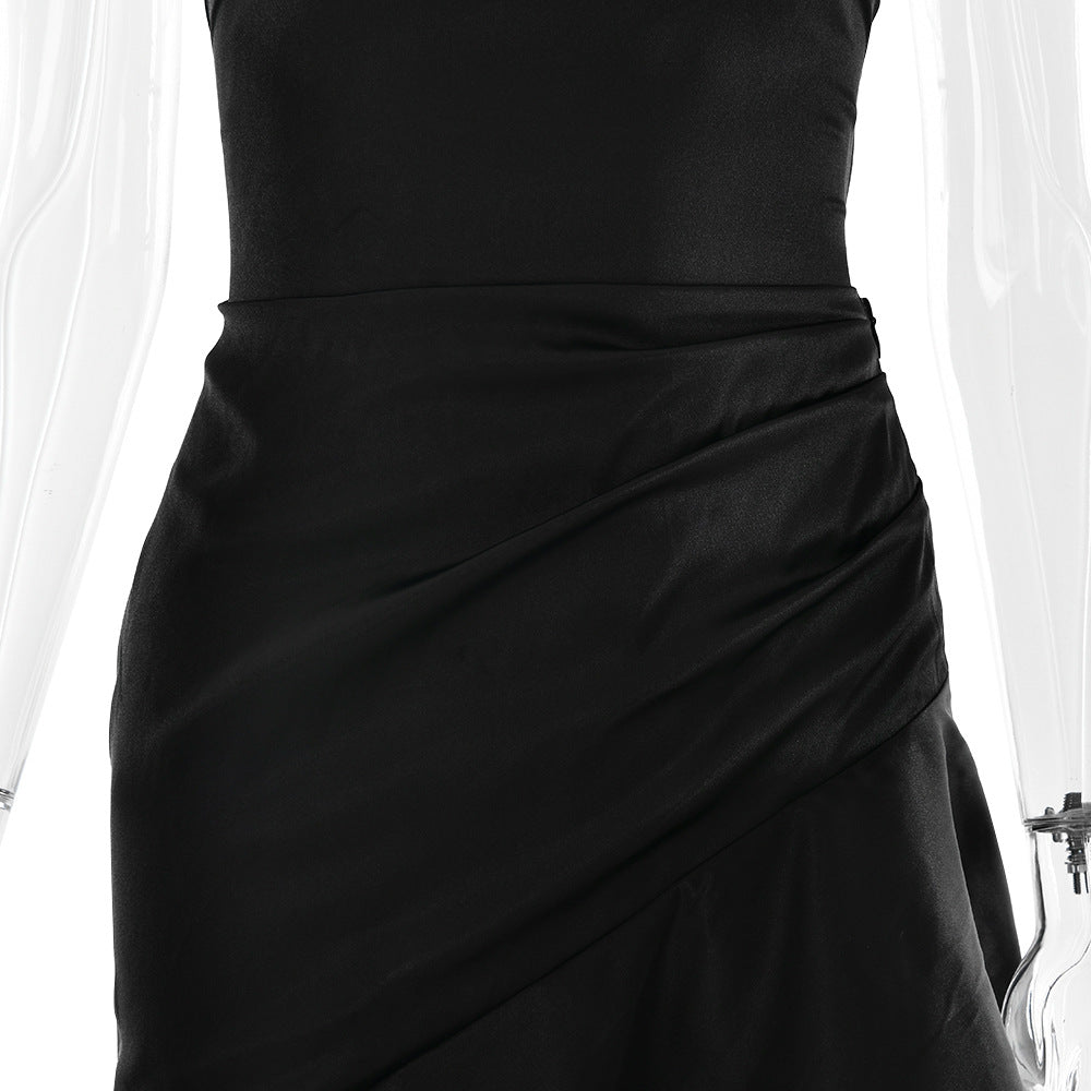 elegant satin long skirt personality suspender ruffle high slit dress club clothing