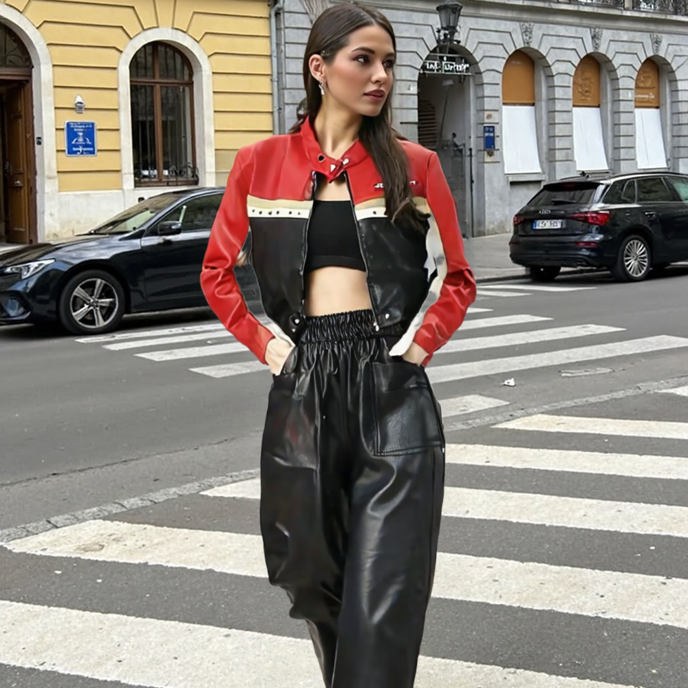 Women Cropped Vegan Leather Biker Jacket
