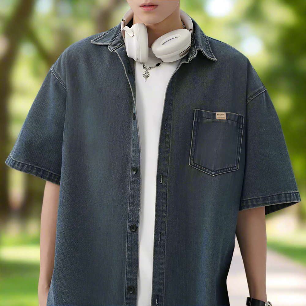 Men 's Over Size Washed Denim Short Sleeve Shirt