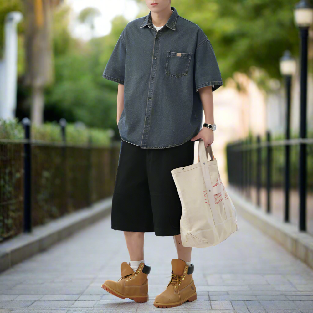 Men 's Over Size Washed Denim Short Sleeve Shirt