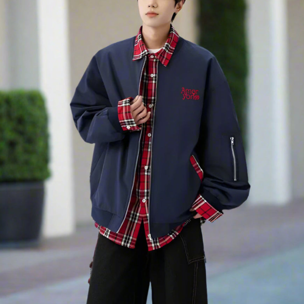 Mens Layered Look Jacket with Red Plaid Details