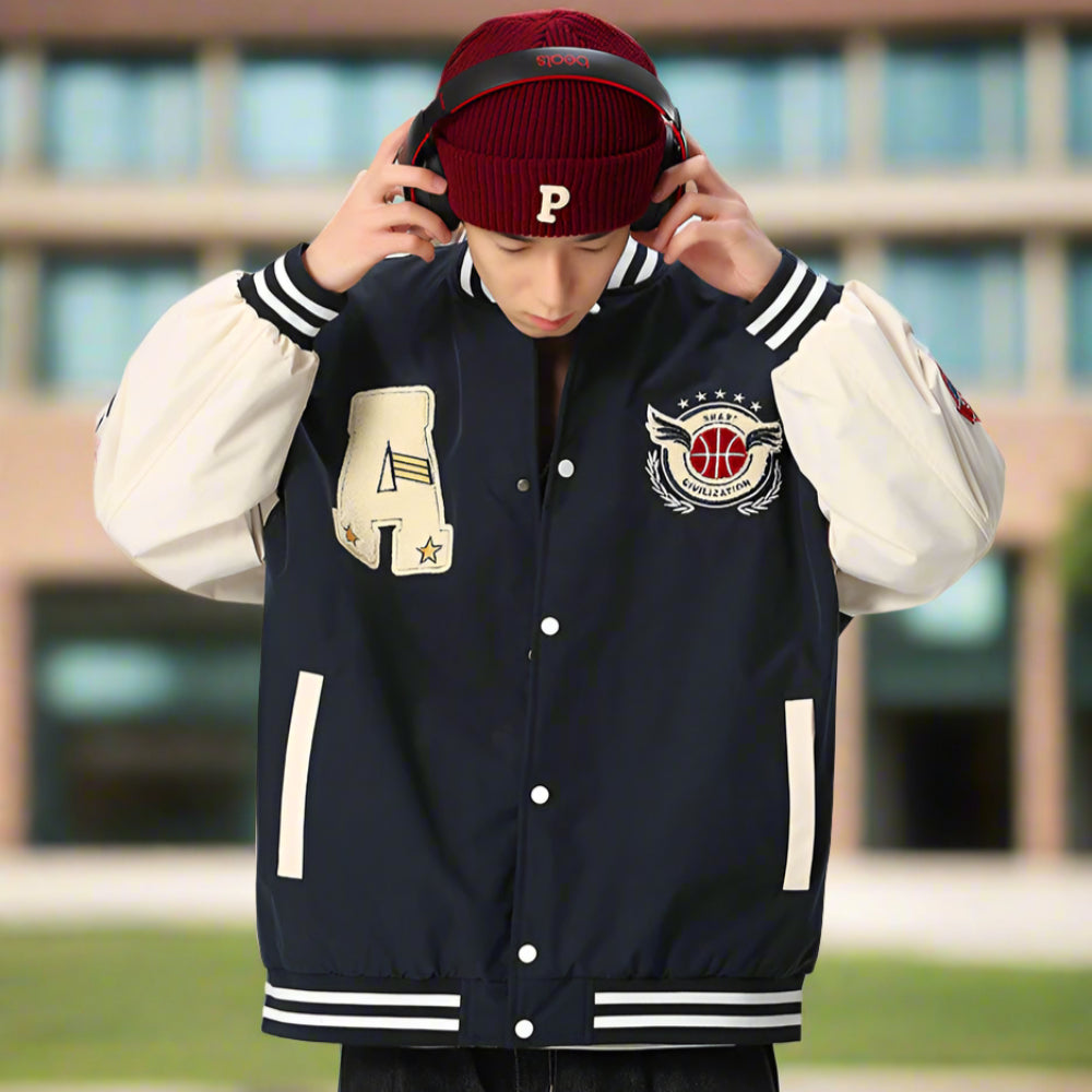 Mens Oversize Two Tone Embroidery Patch Baseball Jacket