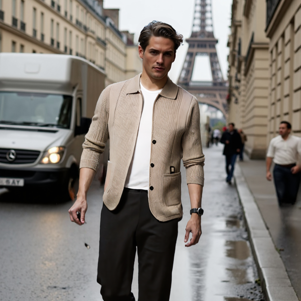 Mens Lapel Collar Knit Cardigan With Pockets