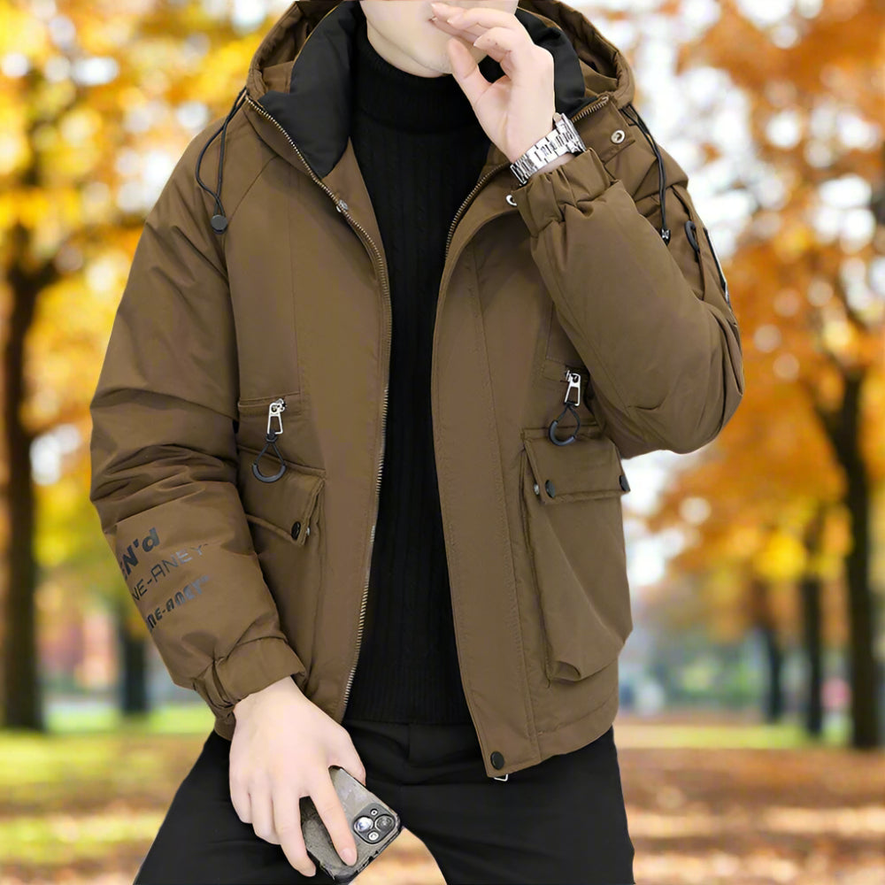 Mens High Collar Zipper Hooded Jacket
