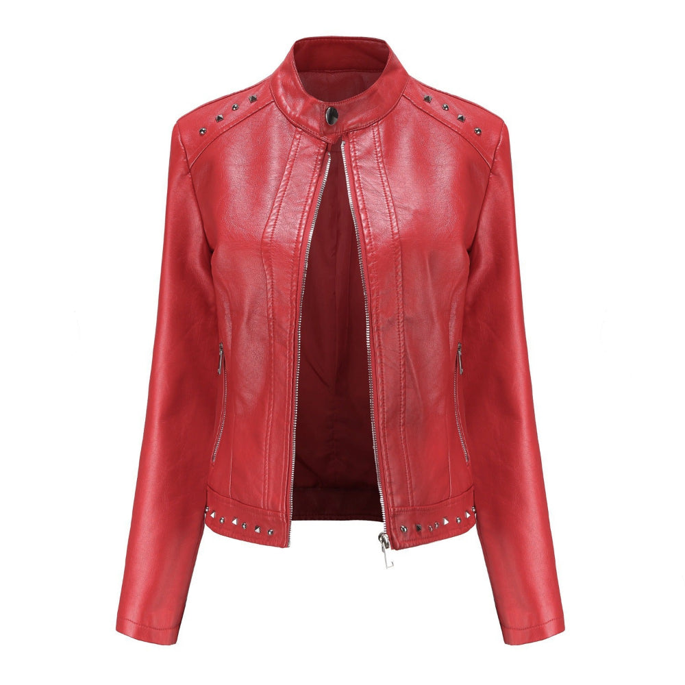 Women's Stand Collar Vegan Leather Jacket With Studs