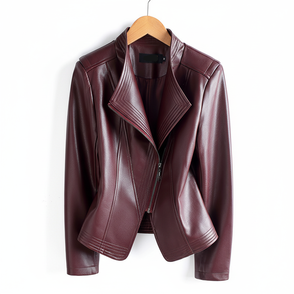 Women's Lapel Collar Vegan Leather Jacket