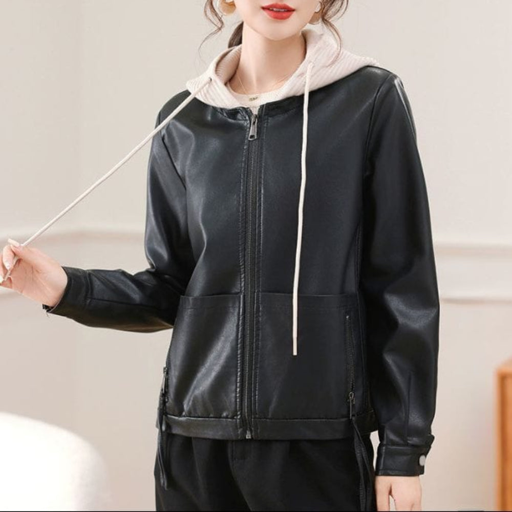 Women Vegan Leather Jacket with Removable Knit Hood