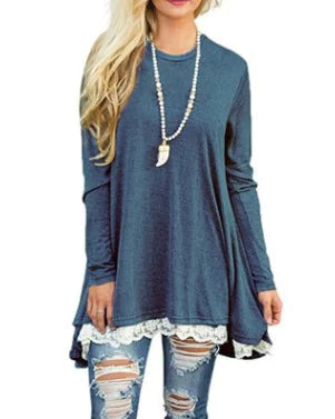 Lace Trim Round Neck Long Sleeve T-Shirt