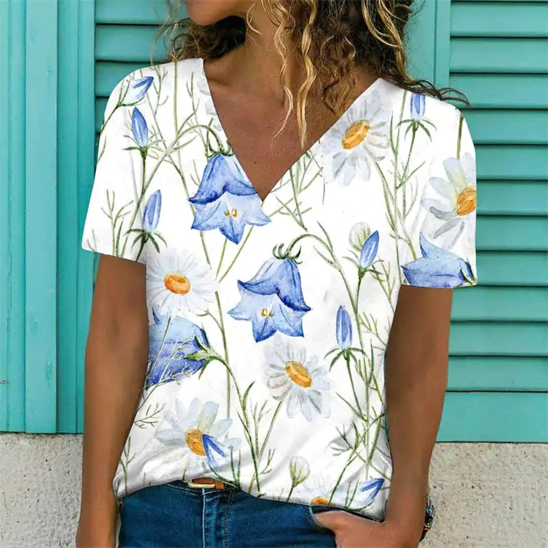 Women's Casual V-Neck T-Shirt with Floral Print