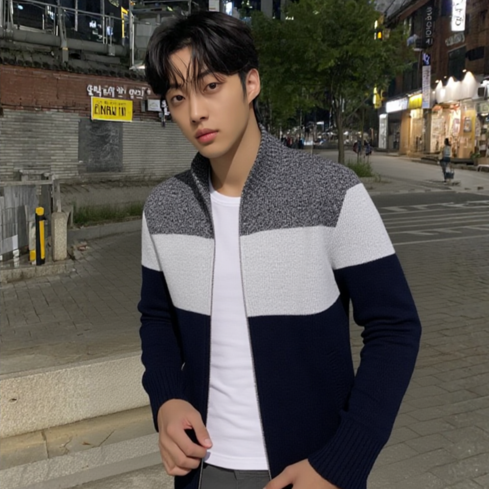 Mens Color Block Zipper Cardigan