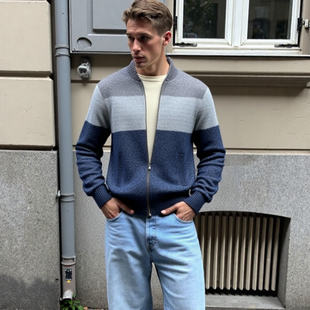 Mens Color Block Zipper Cardigan