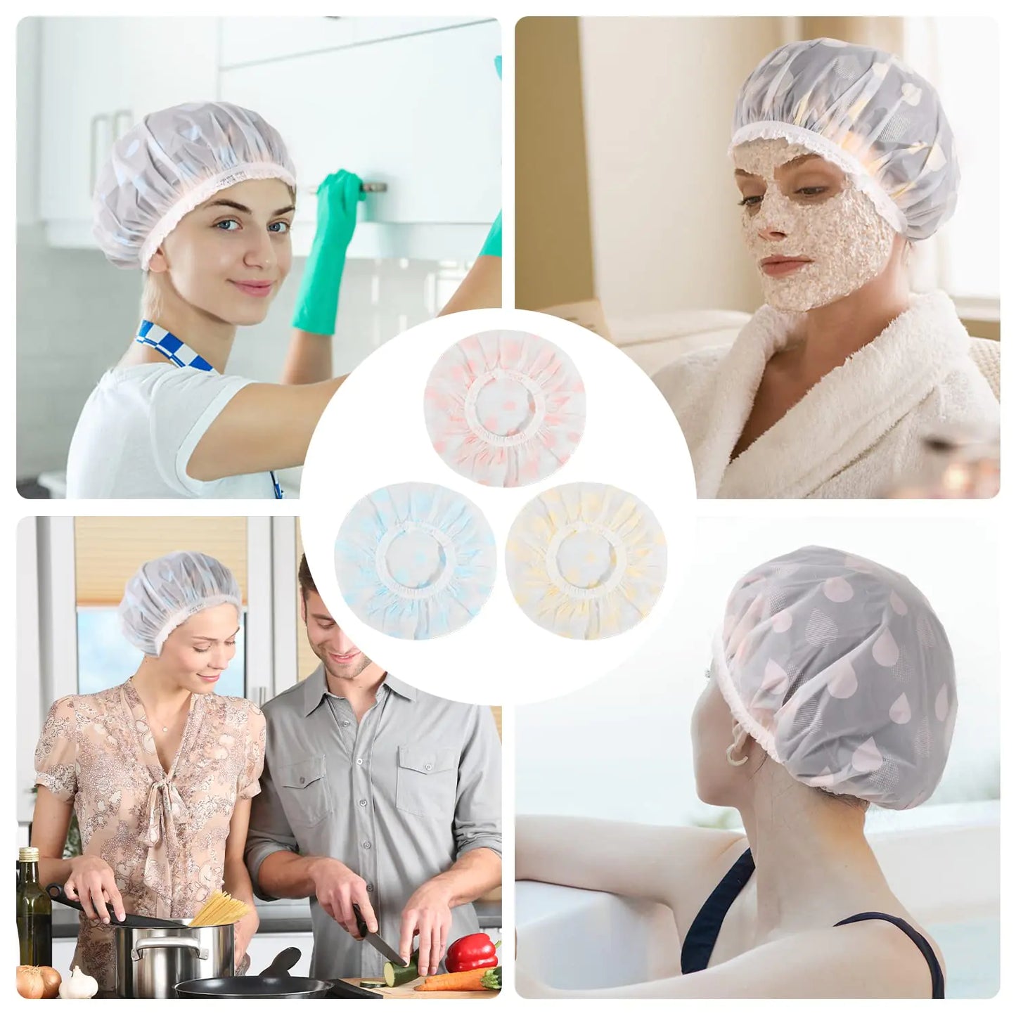 Waterproof Shower Caps, 3 Pcs Plastic Reusable Shower Caps Elastic Band Bath Caps for Women Ladies Spa Salon F
