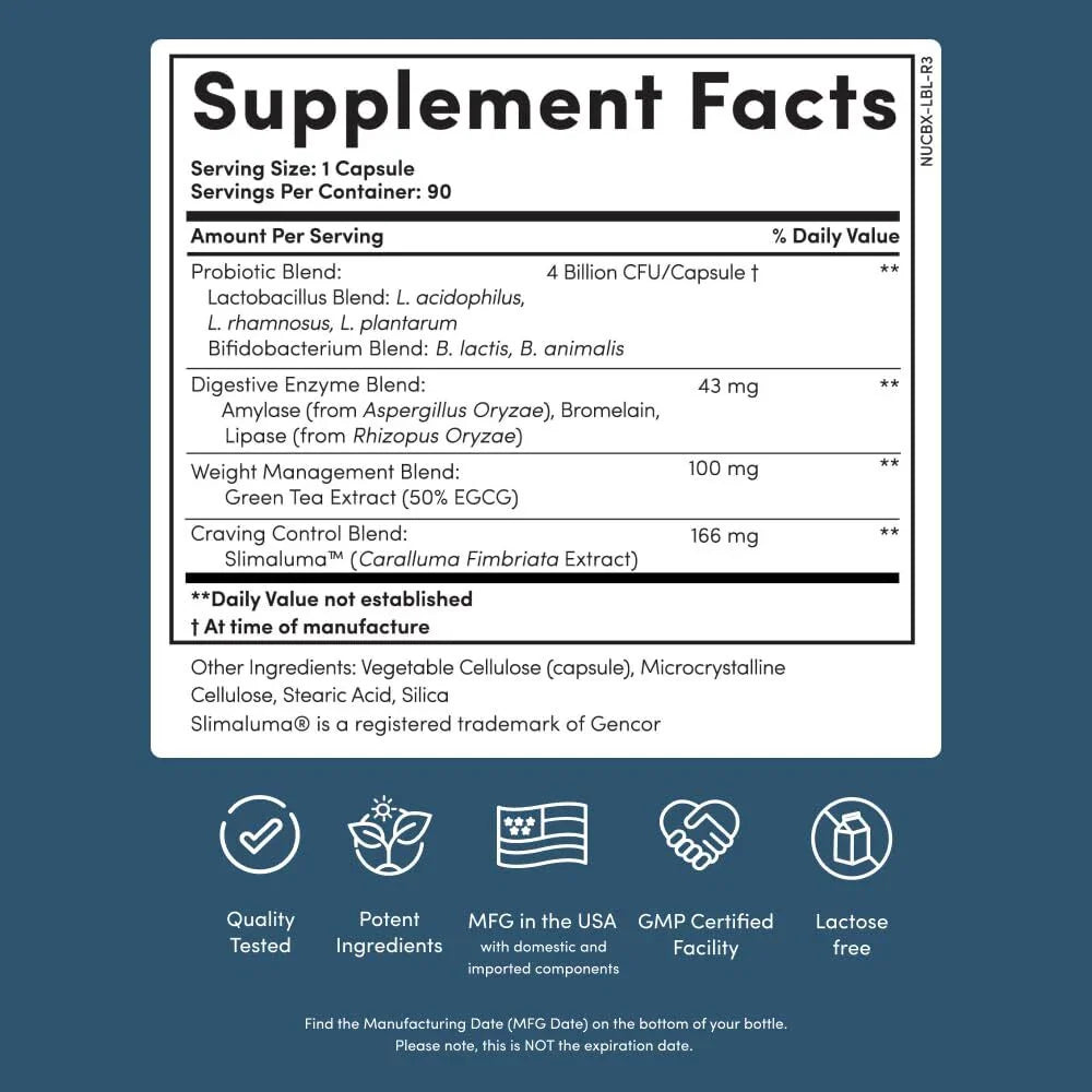 Nucific® Bio-X4 – 4-in-1 Probiotic Weight Management Supplement with Digestive Enzymes & Green Tea Extract – 90 Capsules