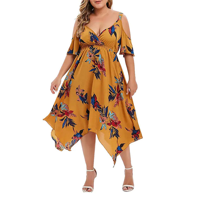 Women's Floral Print Open Shoulder Midi Dress Plus Size