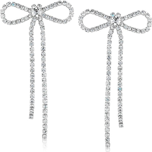 Sparkly Dangling Silver Bow Long Silver Earrings